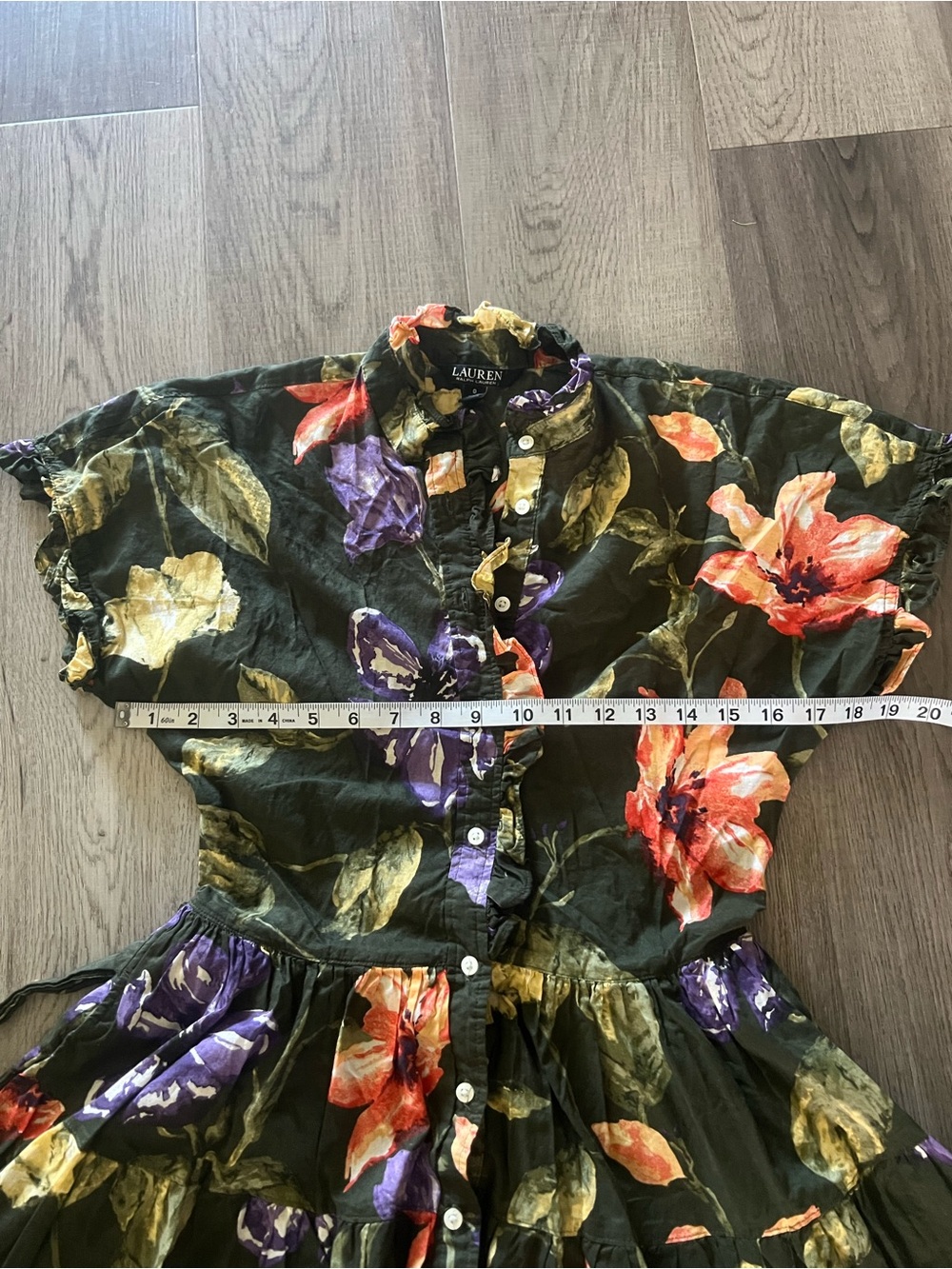 Lauren Ralph Lauren Olive Green Floral Short Dress with Orange & Purple Blooms 0 - Picture 9 of 13